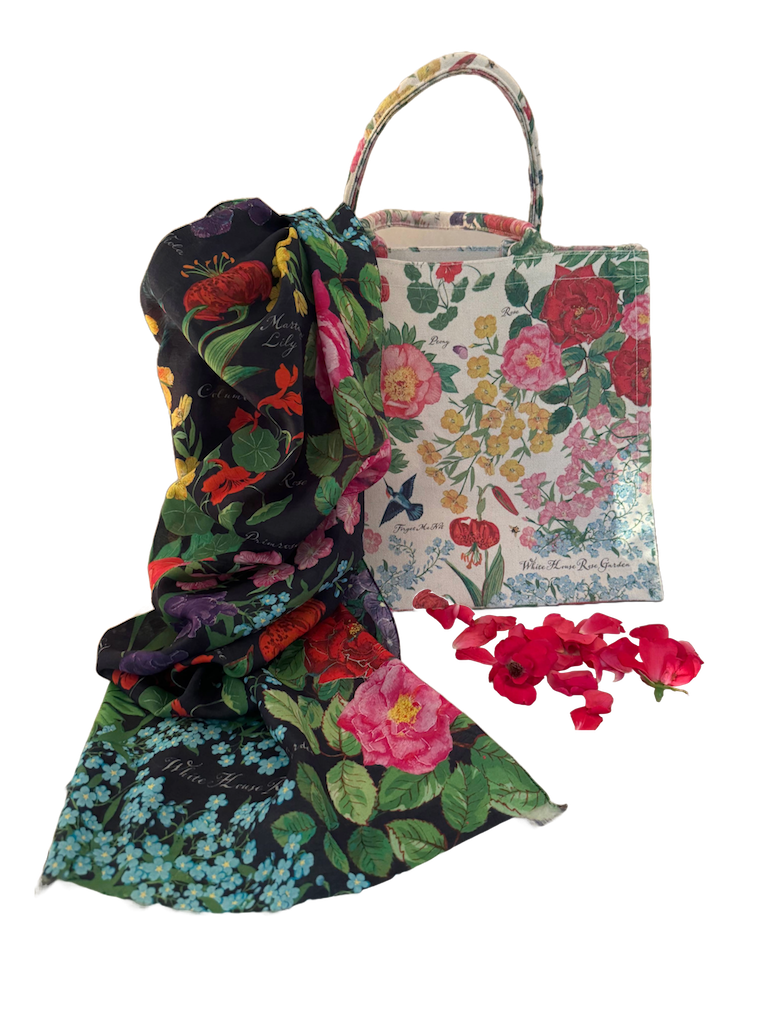 WHHA Tote Bag and Scarf for website A close up of two bags with flowers on them